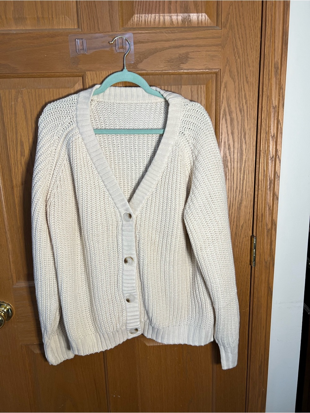 Cream V Neck Button Down Long Sleeve Sweater